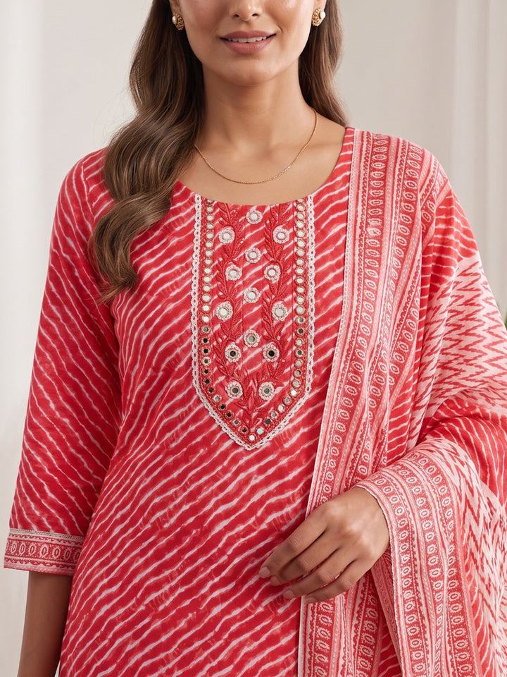 Red Printed Cotton Blend Kurta With Pant &amp; Dupatta