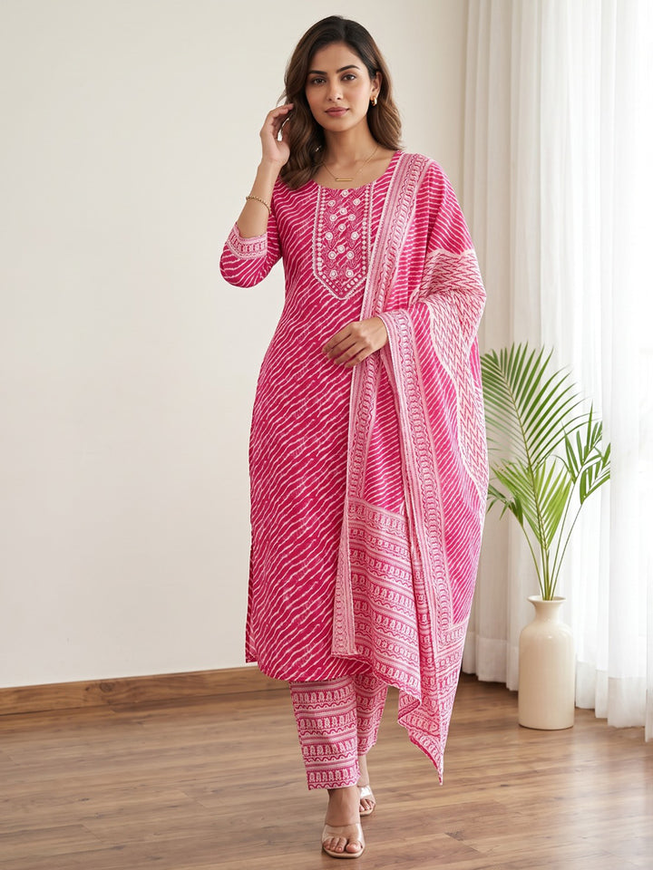 Pink Printed Cotton Blend Kurta With Pant &amp; Dupatta