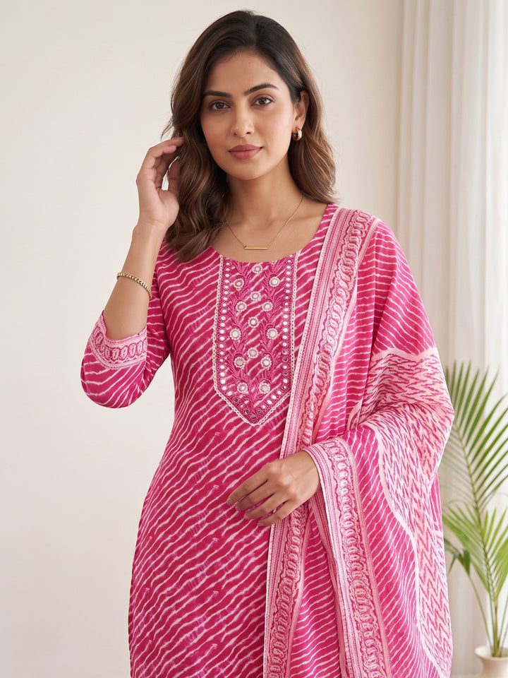 Pink Printed Cotton Blend Kurta With Pant &amp; Dupatta