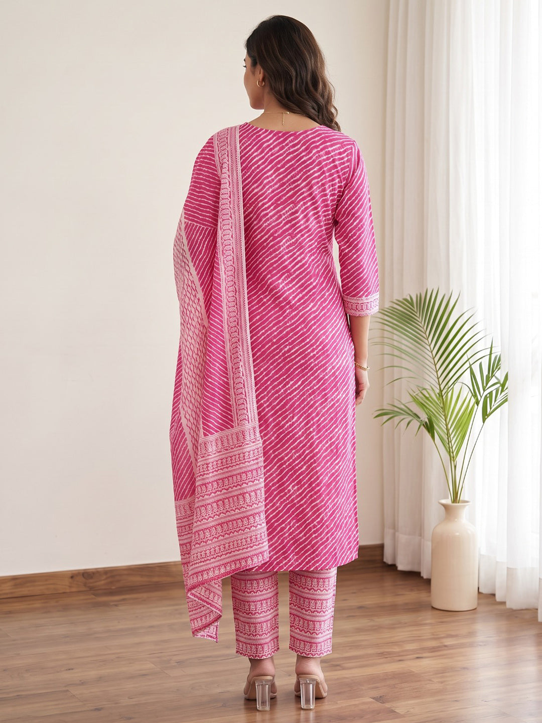 Pink Printed Cotton Blend Kurta With Pant &amp; Dupatta