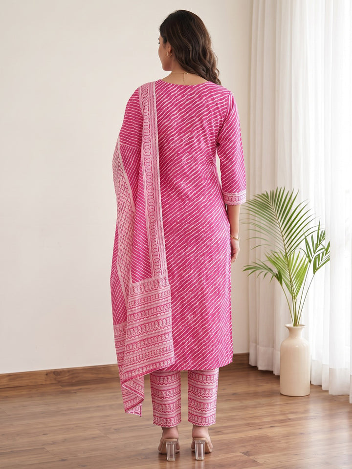 Pink Printed Cotton Blend Kurta With Pant &amp; Dupatta