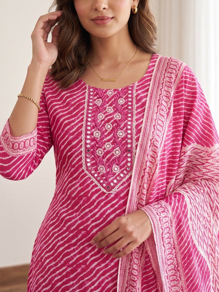Pink Printed Cotton Blend Kurta With Pant &amp; Dupatta