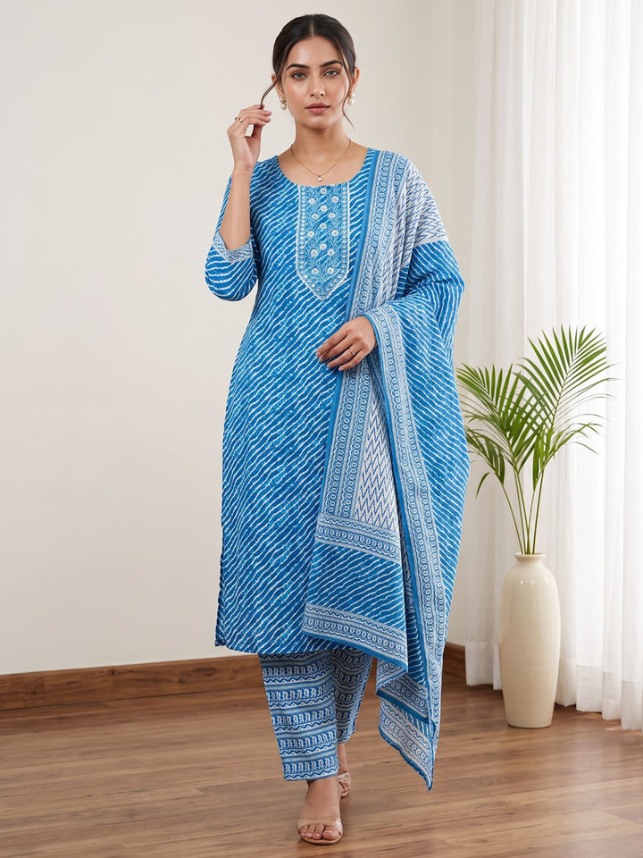 Blue Printed Cotton Blend Kurta With Pant &amp; Dupatta