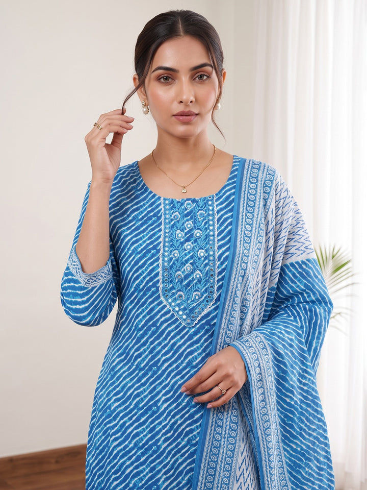 Blue Printed Cotton Blend Kurta With Pant &amp; Dupatta