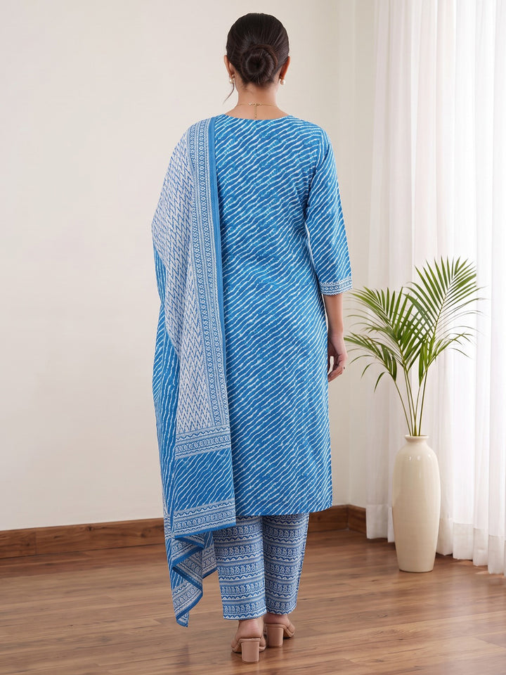 Blue Printed Cotton Blend Kurta With Pant &amp; Dupatta