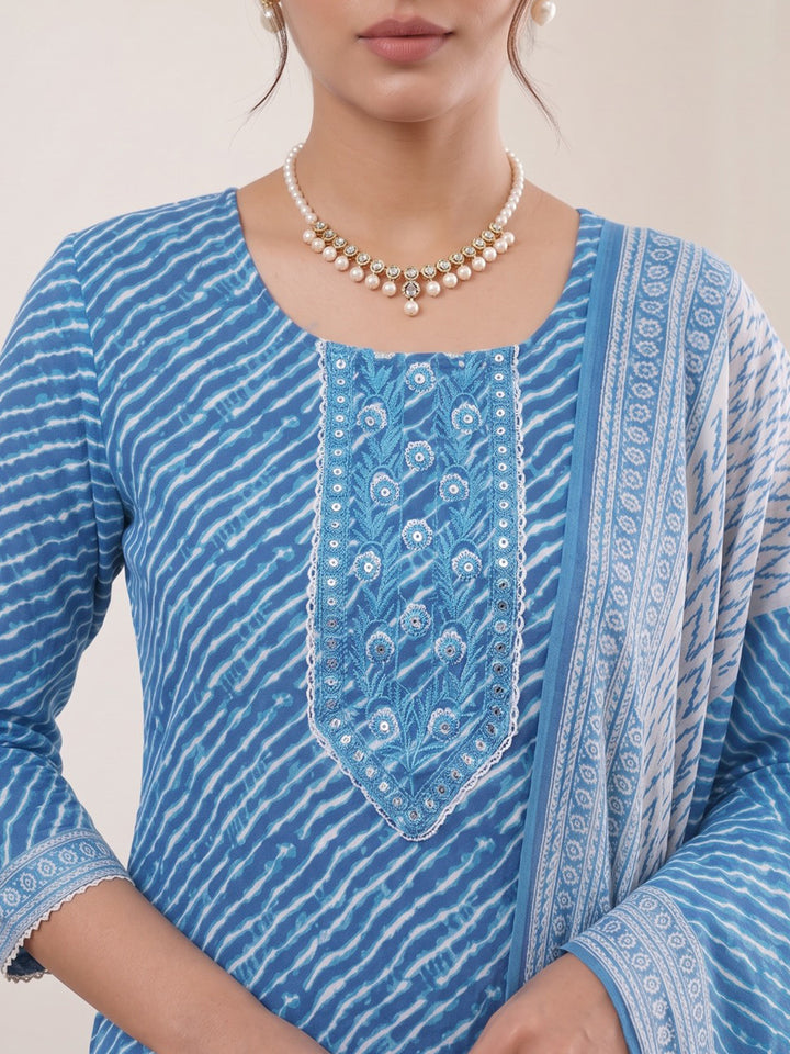 Blue Printed Cotton Blend Kurta With Pant &amp; Dupatta