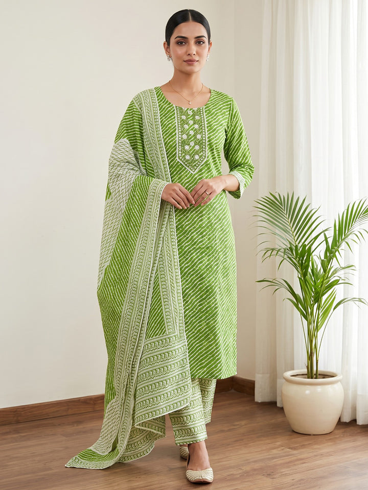 Green Printed Cotton Blend Kurta With Pant &amp; Dupatta