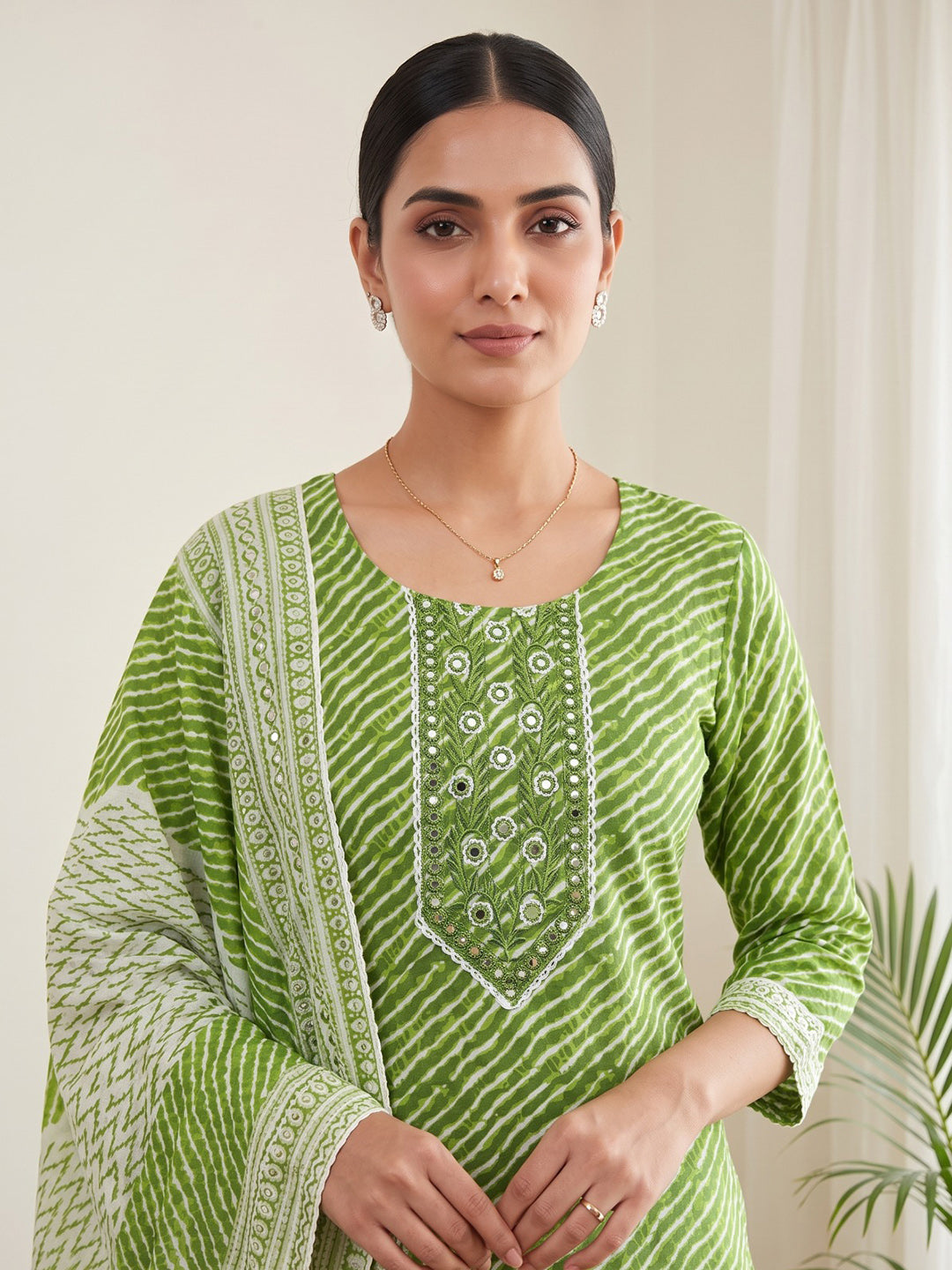 Green Printed Cotton Blend Kurta With Pant &amp; Dupatta