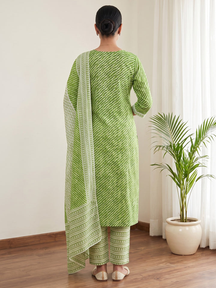 Green Printed Cotton Blend Kurta With Pant &amp; Dupatta