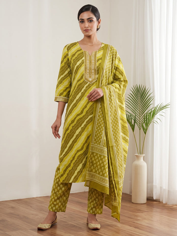 Mustard Printed Cotton Blend Kurta With Pant &amp; Dupatta