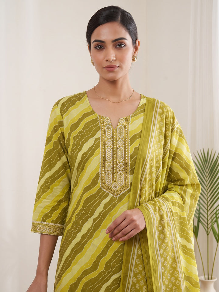 Mustard Printed Cotton Blend Kurta With Pant &amp; Dupatta
