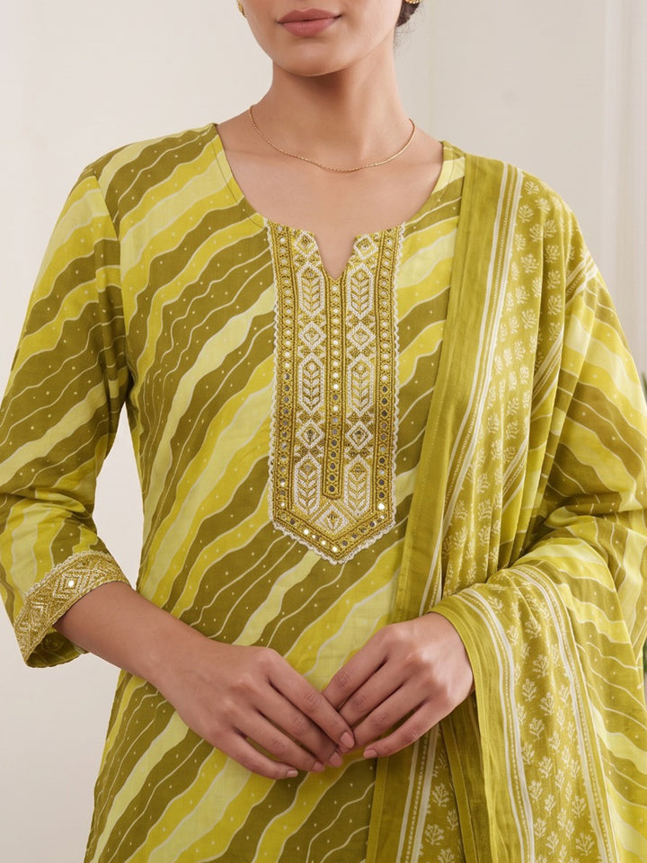Mustard Printed Cotton Blend Kurta With Pant &amp; Dupatta