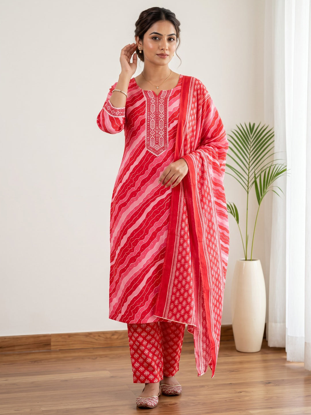Red Printed Cotton Blend Kurta With Pant &amp; Dupatta