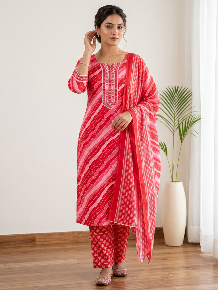 Red Printed Cotton Blend Kurta With Pant &amp; Dupatta