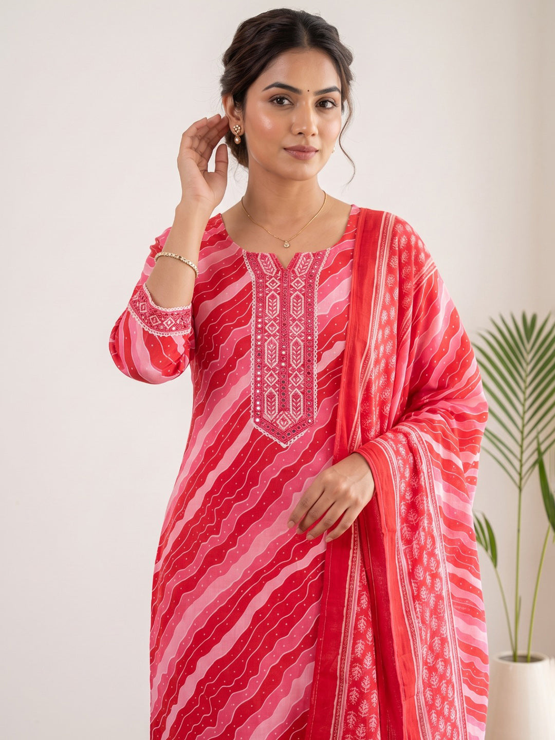 Red Printed Cotton Blend Kurta With Pant &amp; Dupatta