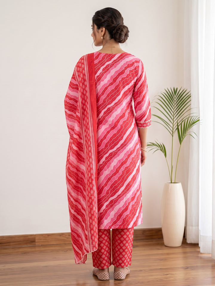Red Printed Cotton Blend Kurta With Pant &amp; Dupatta