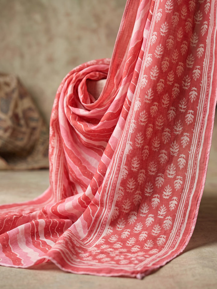 Red Printed Cotton Blend Kurta With Pant &amp; Dupatta
