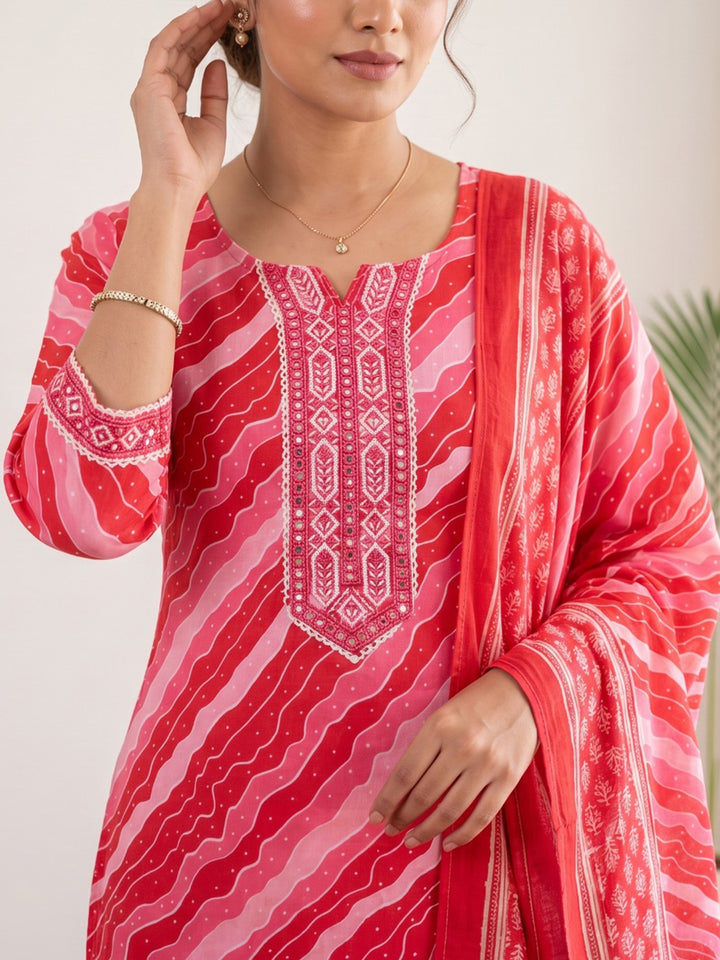 Red Printed Cotton Blend Kurta With Pant &amp; Dupatta