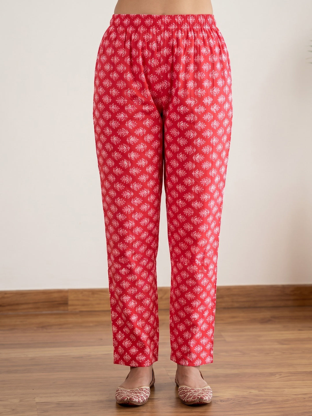 Red Printed Cotton Blend Kurta With Pant &amp; Dupatta