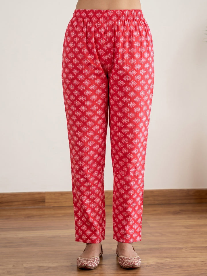Red Printed Cotton Blend Kurta With Pant &amp; Dupatta
