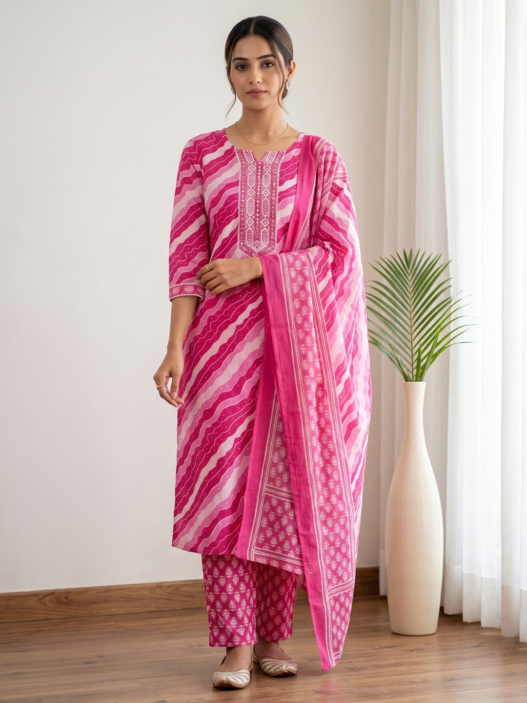 Pink Printed Cotton Blend Kurta With Pant &amp; Dupatta