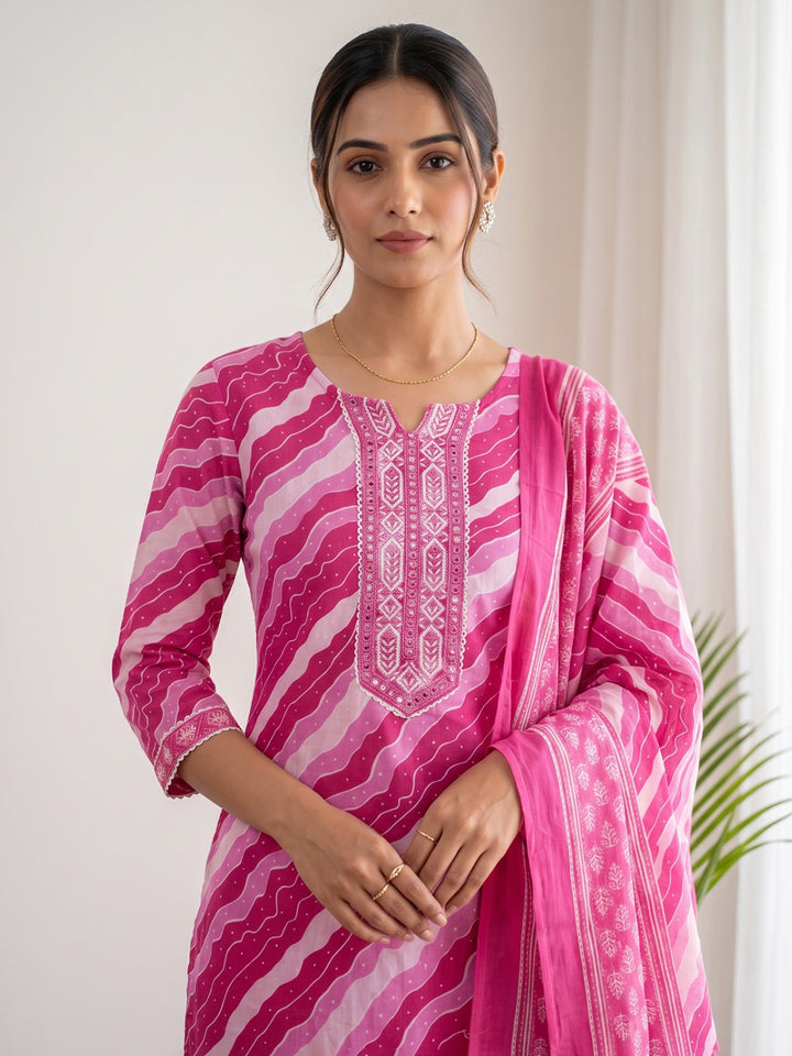 Pink Printed Cotton Blend Kurta With Pant &amp; Dupatta