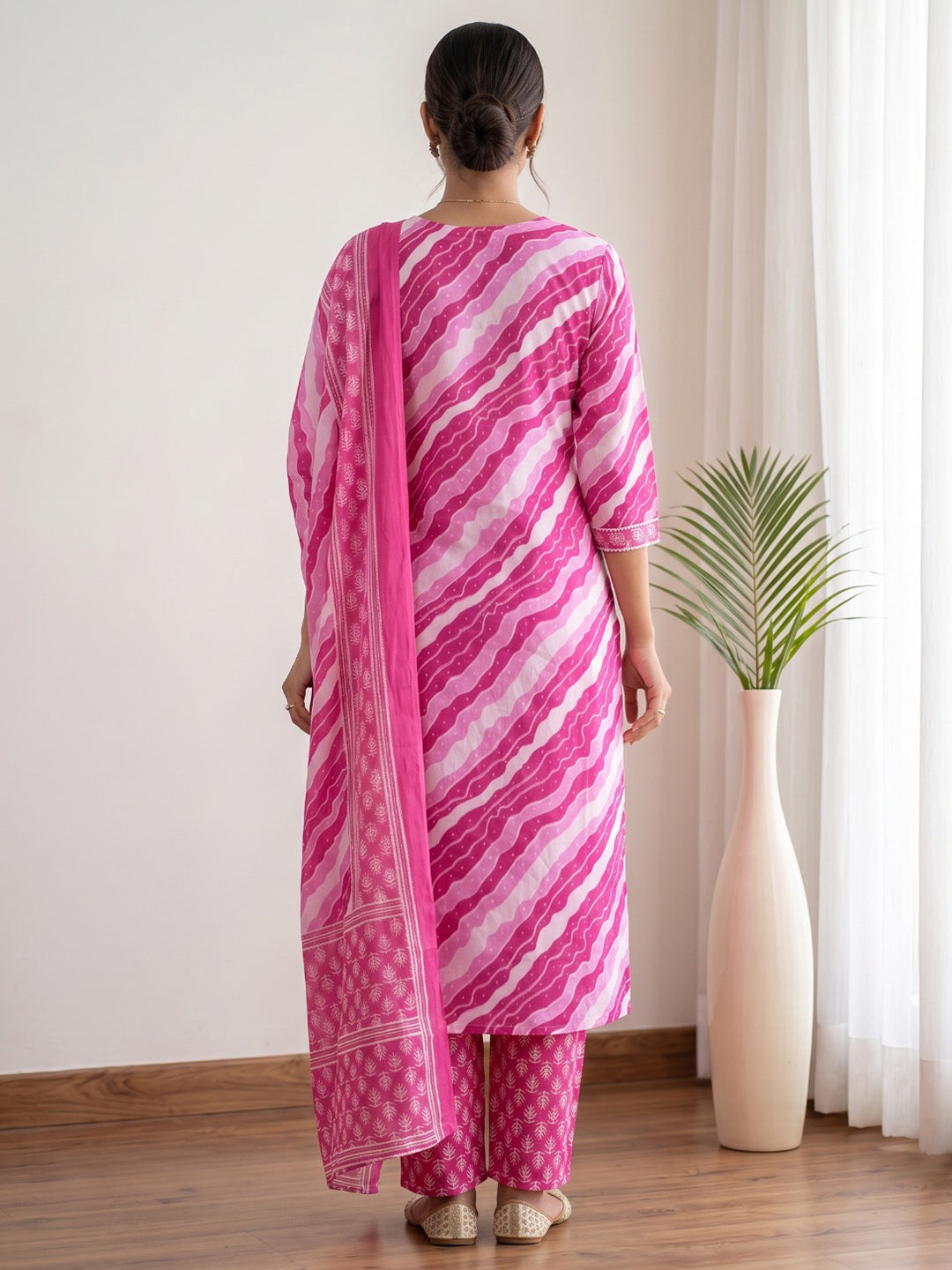 Pink Printed Cotton Blend Kurta With Pant &amp; Dupatta