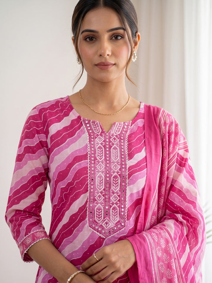 Pink Printed Cotton Blend Kurta With Pant &amp; Dupatta