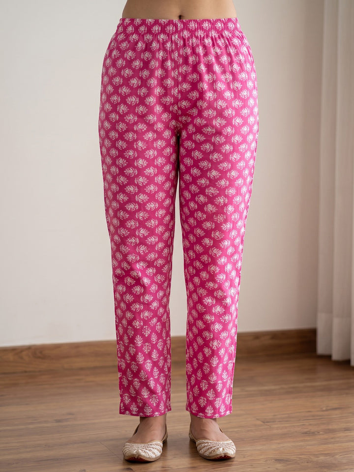 Pink Printed Cotton Blend Kurta With Pant &amp; Dupatta