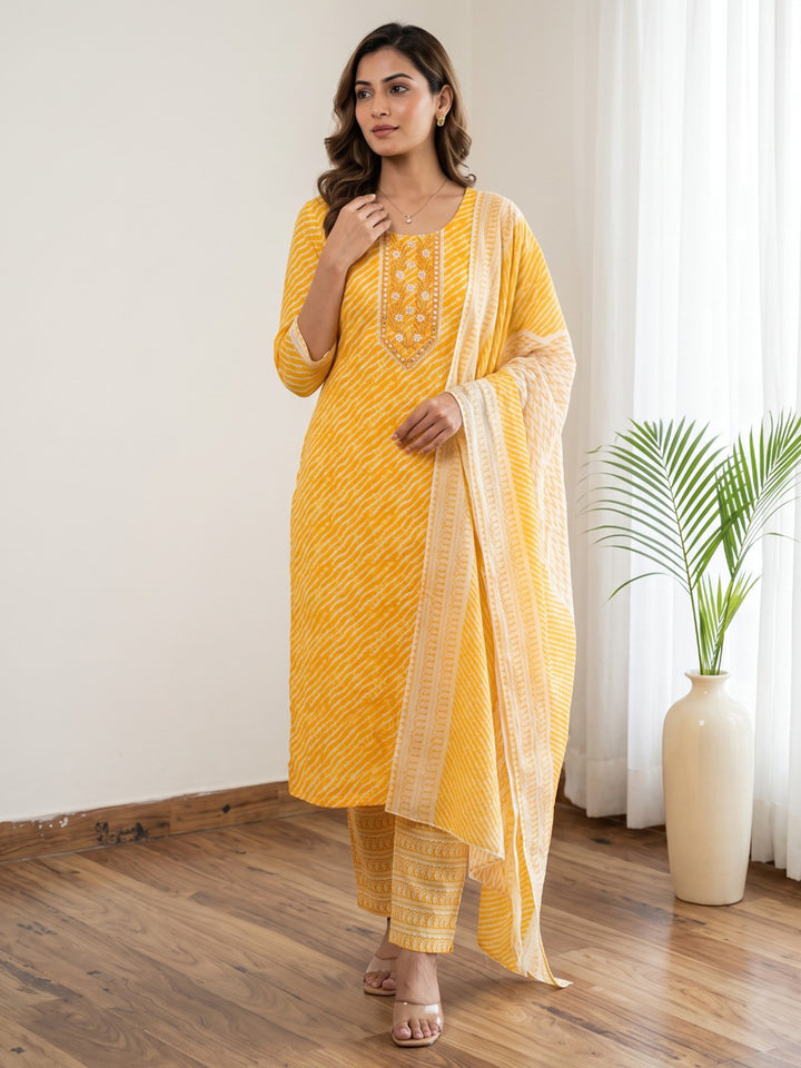 Yellow Printed Cotton Blend Kurta With Pant &amp; Dupatta