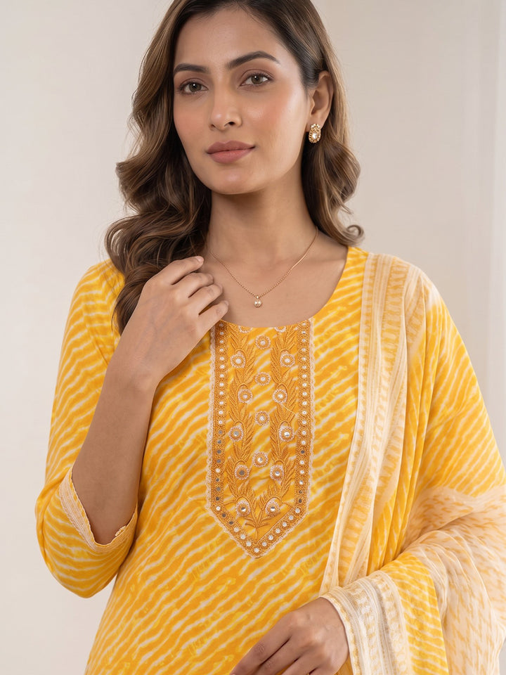 Yellow Printed Cotton Blend Kurta With Pant &amp; Dupatta