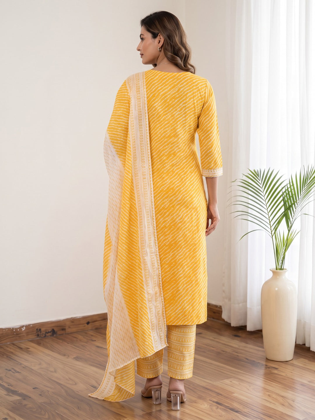 Yellow Printed Cotton Blend Kurta With Pant &amp; Dupatta