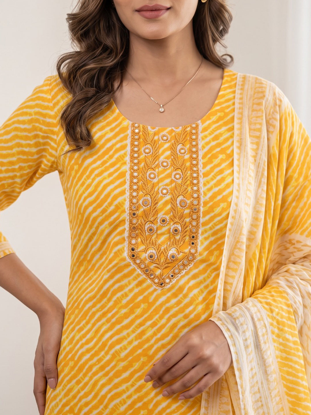 Yellow Printed Cotton Blend Kurta With Pant &amp; Dupatta