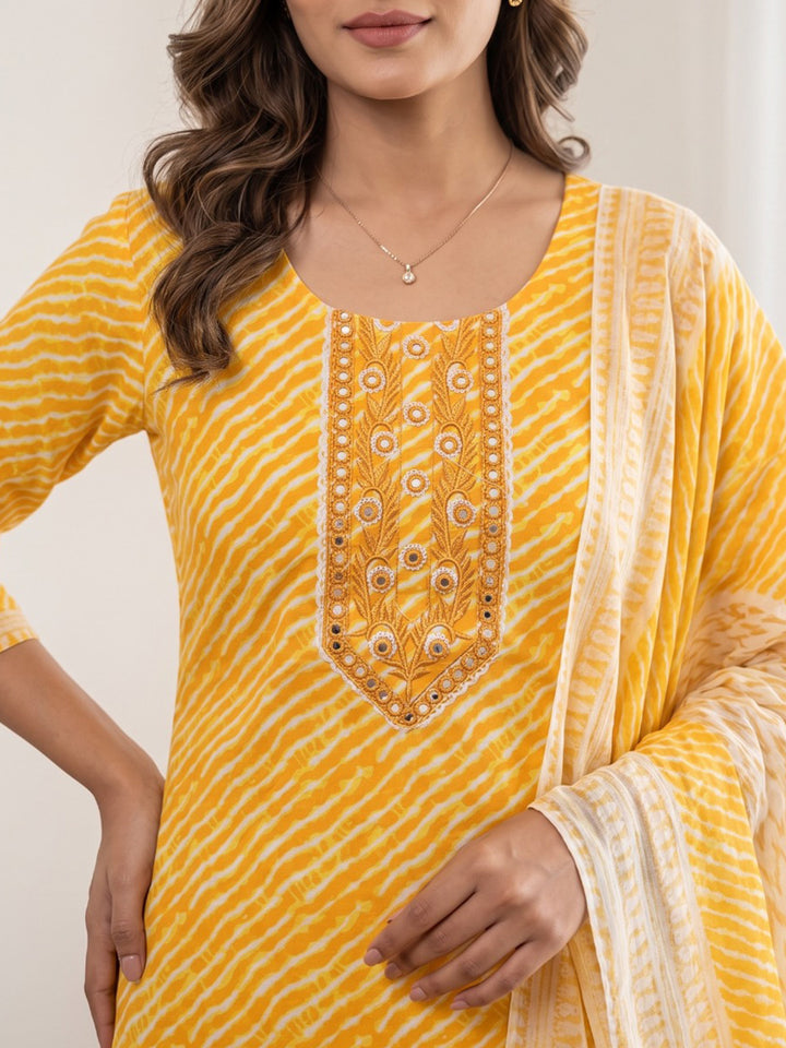 Yellow Printed Cotton Blend Kurta With Pant &amp; Dupatta