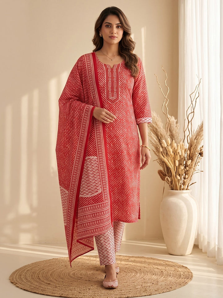 Red Printed Cotton Blend Kurta With Pant &amp; Dupatta