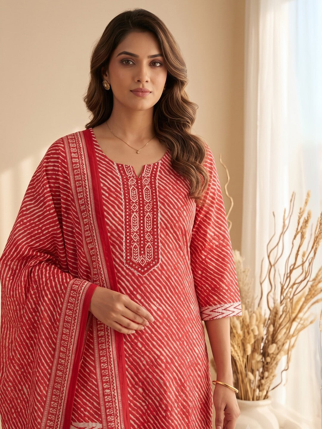 Red Printed Cotton Blend Kurta With Pant &amp; Dupatta