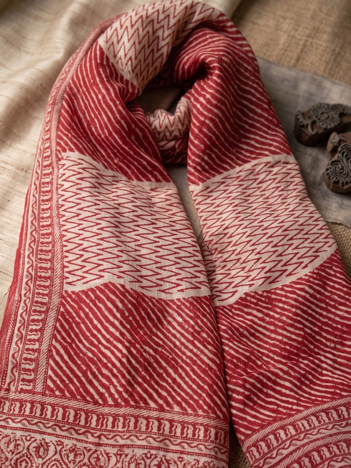 Red Printed Cotton Blend Kurta With Pant &amp; Dupatta