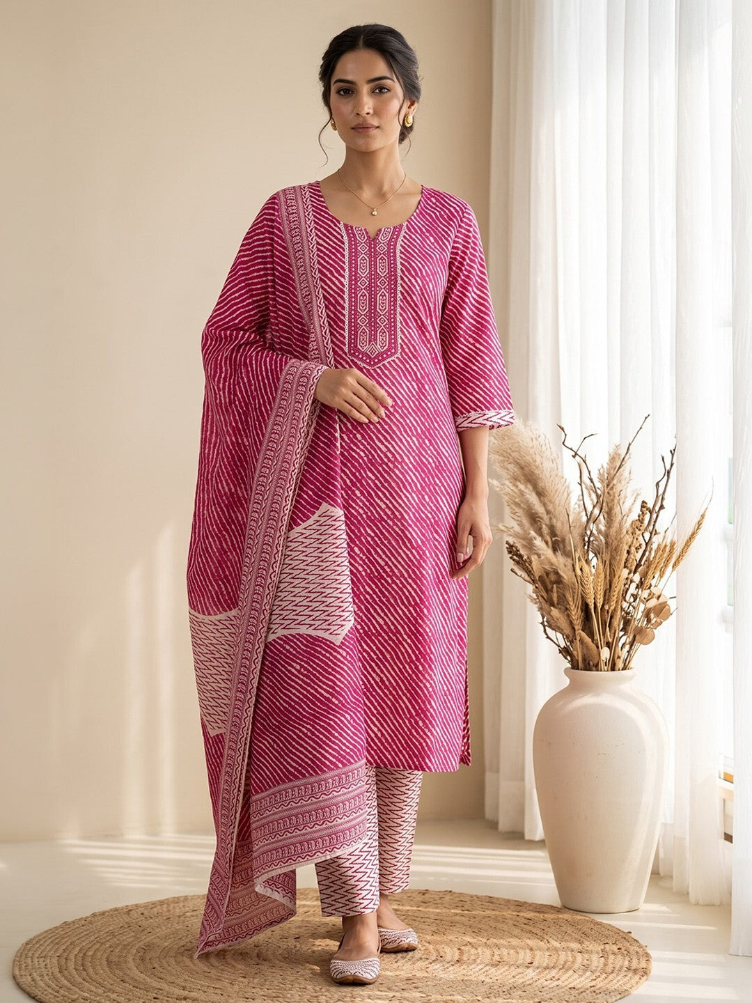 Pink Printed Cotton Blend Kurta With Pant &amp; Dupatta