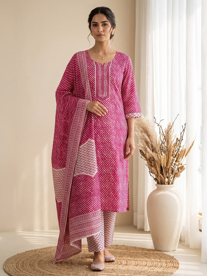 Pink Printed Cotton Blend Kurta With Pant &amp; Dupatta