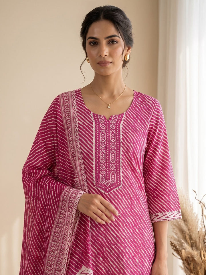 Pink Printed Cotton Blend Kurta With Pant &amp; Dupatta