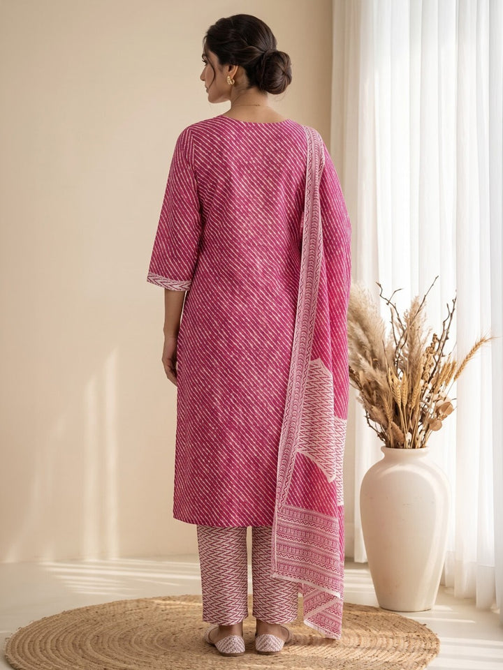 Pink Printed Cotton Blend Kurta With Pant &amp; Dupatta