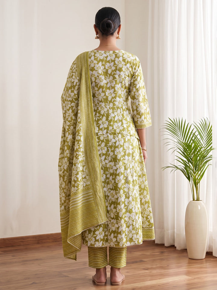 Green Printed Cotton Blend Kurta With Pant &amp; Dupatta