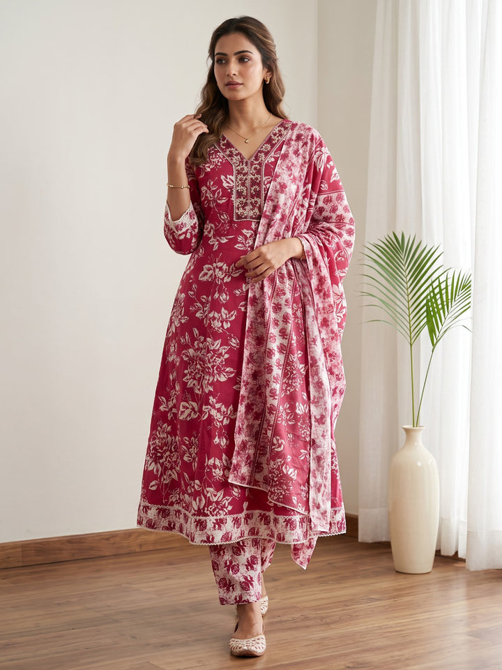 Red Printed Cotton Blend Kurta With Pant &amp; Dupatta
