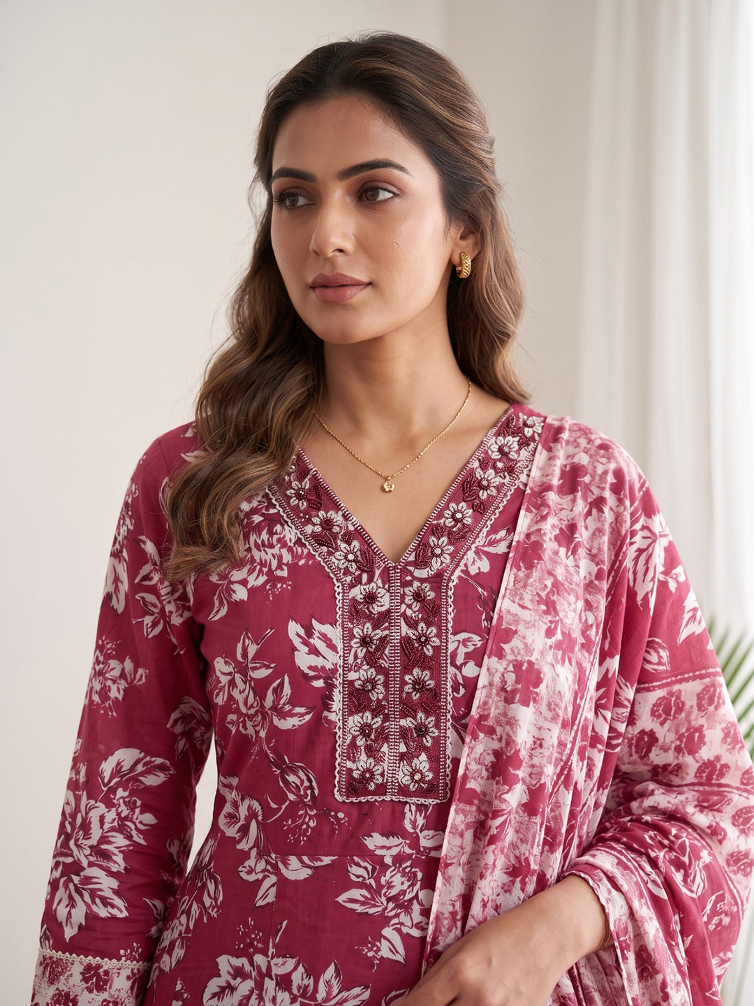 Red Printed Cotton Blend Kurta With Pant &amp; Dupatta