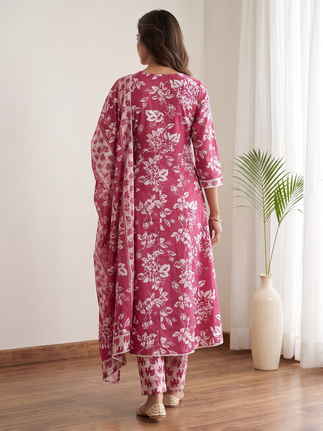 Red Printed Cotton Blend Kurta With Pant &amp; Dupatta