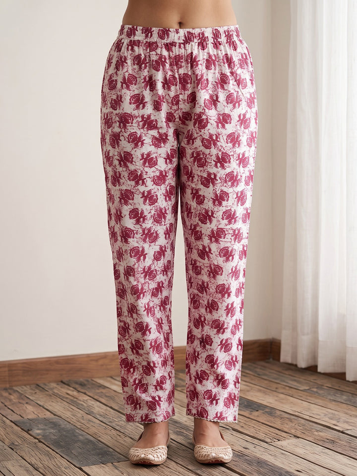 Red Printed Cotton Blend Kurta With Pant &amp; Dupatta