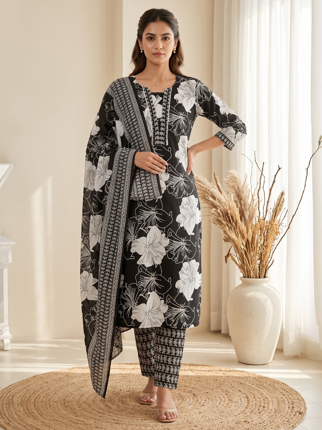 Black Printed Cotton Blend Kurta With Pant &amp; Dupatta