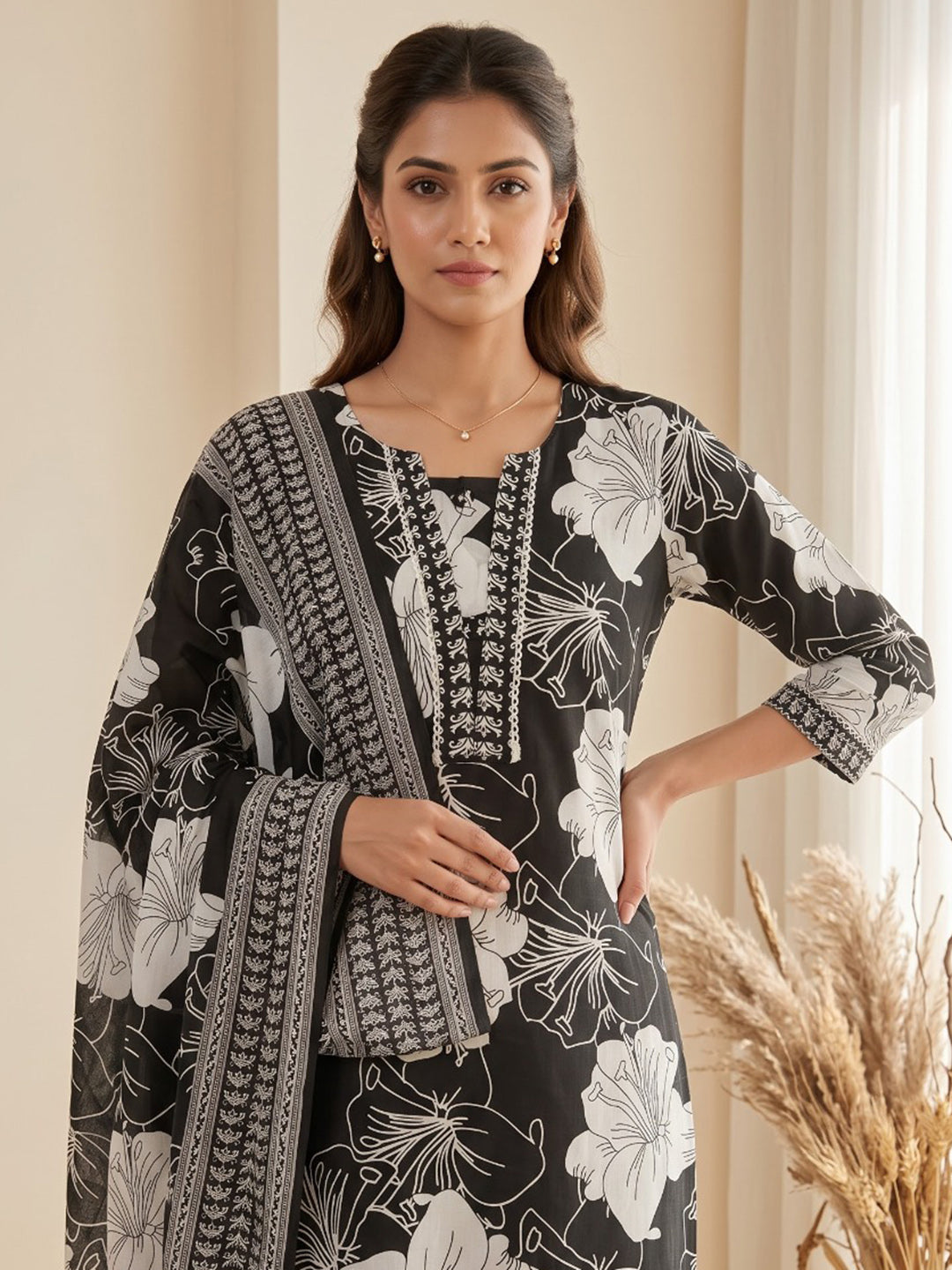 Black Printed Cotton Blend Kurta With Pant &amp; Dupatta