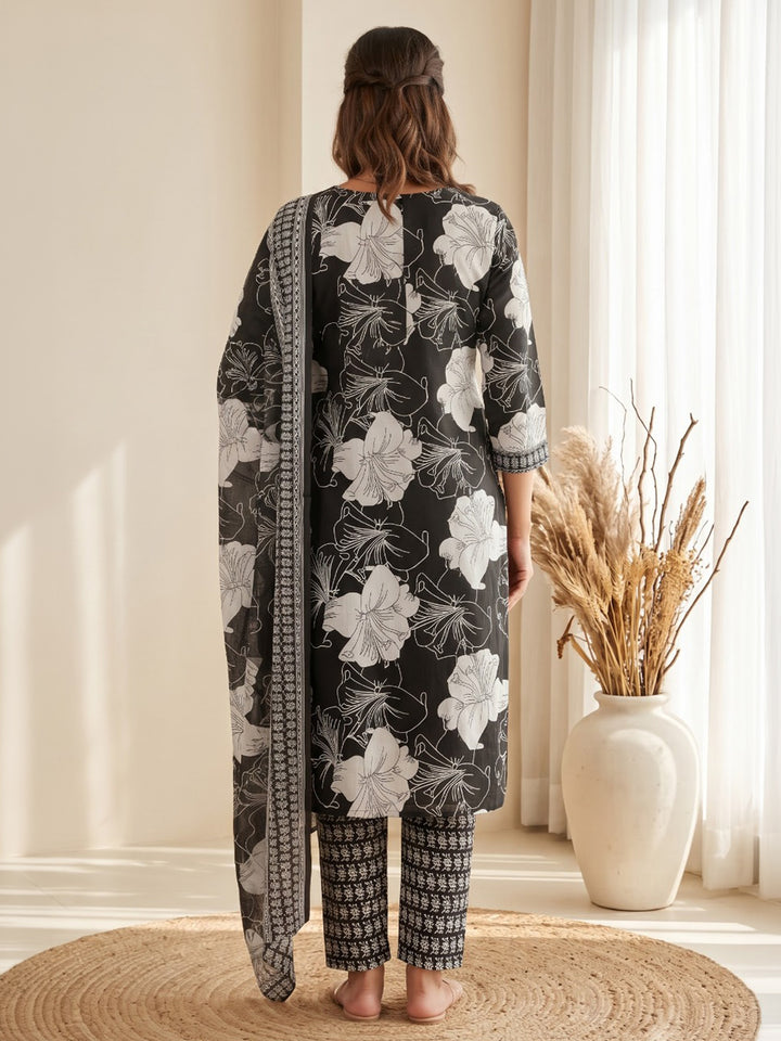 Black Printed Cotton Blend Kurta With Pant &amp; Dupatta