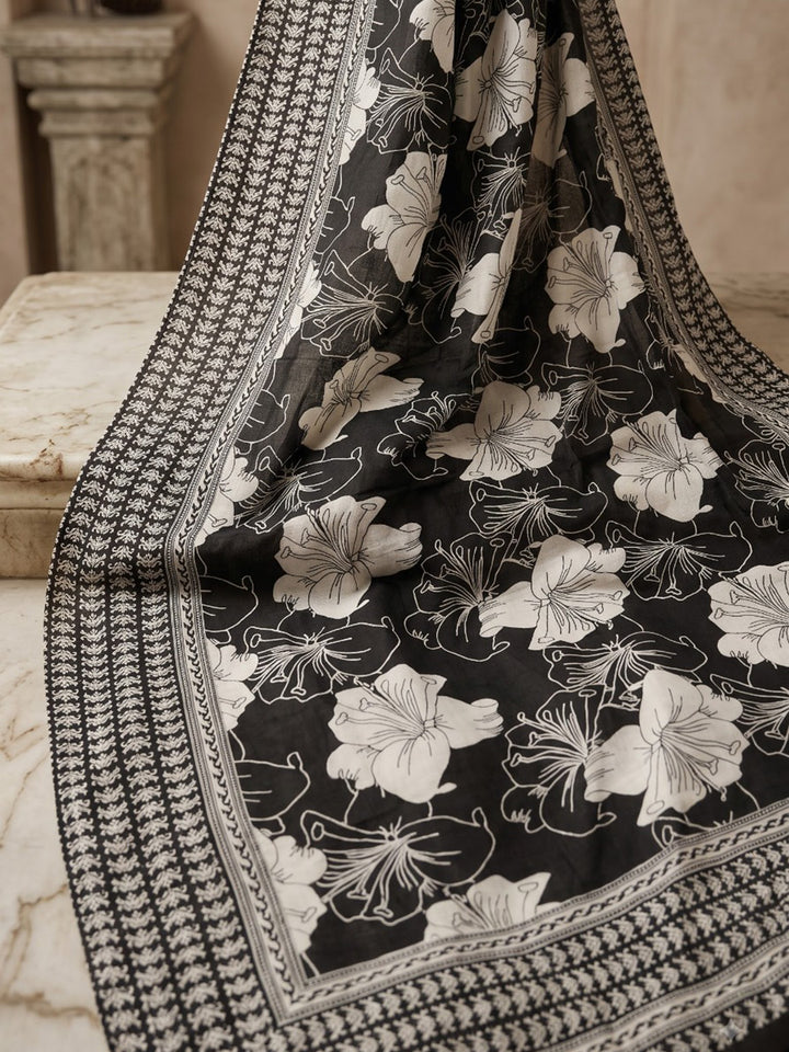 Black Printed Cotton Blend Kurta With Pant &amp; Dupatta